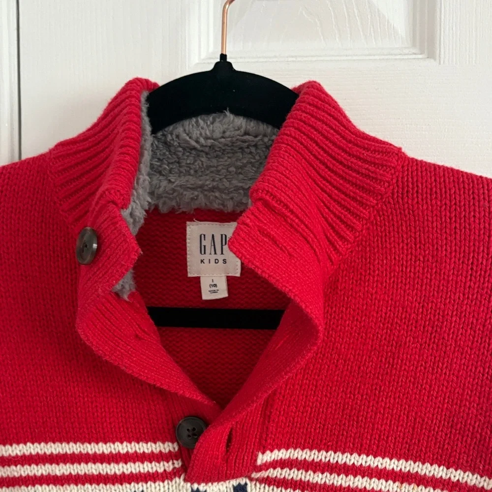 GAP Kids Red & Navy Patterned Long Sleeve Sweater Fleece Lined Collar Size L/10